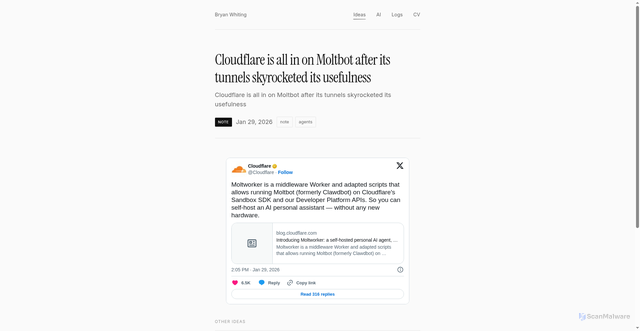 Security scan screenshot of https://blog-9h2.pages.dev/ideas/cloudflare-is-all-in-on-moltbot-after-its-tunnels/
