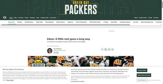 Security scan screenshot of https://www.packers.com/news/inbox-a-little-rest-goes-a-long-way-oct-7-2025
