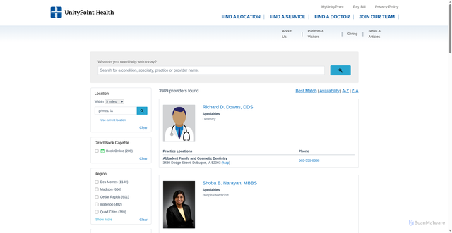 Security scan screenshot of https://doctors.unitypoint.org/search?display_location=grimes%2C+ia&page=391