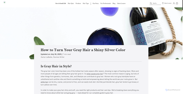 Security scan screenshot of https://us.davines.com/blogs/news/how-to-make-gray-hair-shiny-silver?srsltid=AfmBOoq1FAuxbSt8Hnh9i9nl6gdf0DjraFFI_6akY7JZ111nPBOa27dU