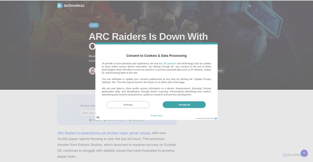 Security scan screenshot of https://www.technobezz.com/news/arc-raiders-is-dow
