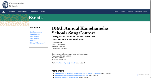 Security scan screenshot of https://www.ksbe.edu/calendar/event/campus-event-106th-annual-kamehameha-schools-song-contest
