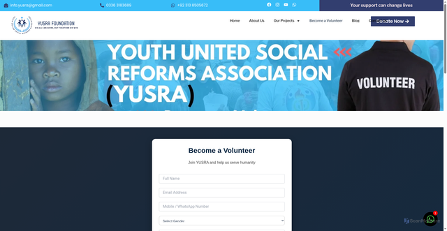Security scan screenshot of https://yusrafoundationorg.com/become-a-volunteer/