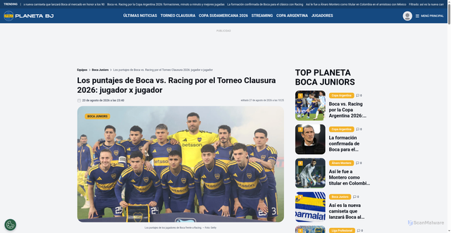 Security scan screenshot of https://planetabj.com/boca-juniors/los-puntajes-de-boca-vs-racing-por-el-torneo-clausura-2026-jugador-x-jugador/