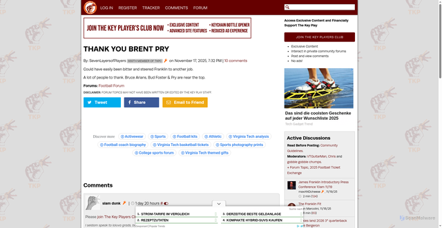 Security scan screenshot of https://www.thekeyplay.com/content/2025/november/17/thank-you-brent-pry