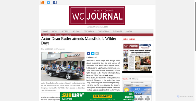 Security scan screenshot of https://wrightcountyjournal.com/news/actor-dean-butler-attends-mansfield%E2%80%99s-wilder-days