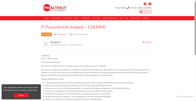Security scan screenshot of https://www.proactive.it/job/it-procurement-analyst-11839me/