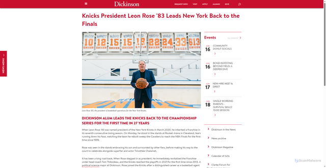 Security scan screenshot of https://www.dickinson.edu/news/article/6491/knicks_president_leon_rose_83_leads_new_york_back_to_the_finals