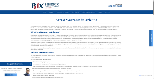 Security scan screenshot of https://www.phxcrimeattorney.com/index.php/criminal-defense/other/arrest-warrants