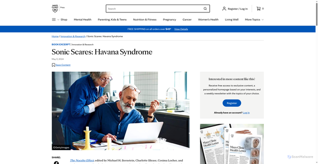Security scan screenshot of https://mcpress.mayoclinic.org/research-innovation/sonic-scares-havana-syndrome/
