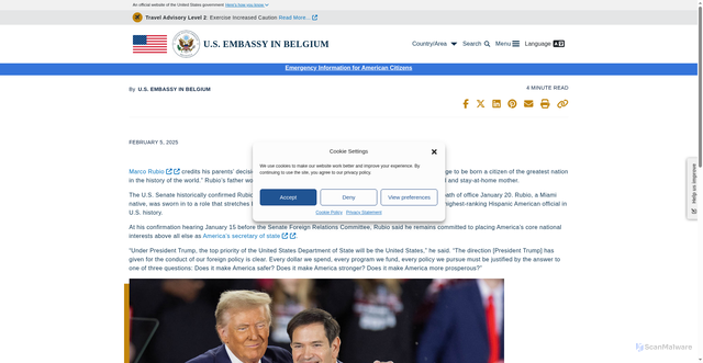 Security scan screenshot of https://be.usembassy.gov/marco-rubio-americas-new-secretary-of-state/