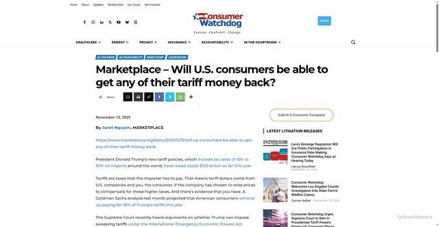 Security scan screenshot of https://consumerwatchdog.org/in-the-news/courtroom-in-the-news-in-the-news/marketplace-will-u-s-consumers-be-able-to-get-any-of-their-tariff-money-back/