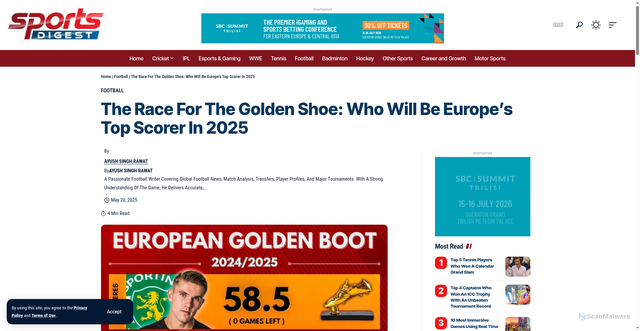 Security scan screenshot of https://sportsdigest.in/the-race-for-the-golden-shoe-2025/141958/