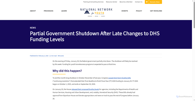 Security scan screenshot of https://nn4youth.org/2026/02/02/partial-government-shutdown-after-late-changes-to-dhs-funding-levels/