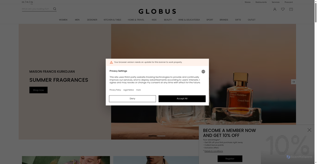 Security scan screenshot of https://www.globus.ch/?sc_src=email_4193275&sc_lid=287353447&sc_uid=zP3R20i424&sc_llid=53364&sc_customer=0327f37c9208167d9b0b5fb90d68e28589aef0066bddedd98d9d5328a5adbcbc&utm_source=newsletter_de&utm_medium=email&utm_campaign=20260824_pos_HOM-Workshop_Madame-Sum_Bellevue_DE_4193275&guid=0327f37c9208167d9b0b5fb90d68e28589aef0066bddedd98d9d5328a5adbcbc&utm_content=Logo