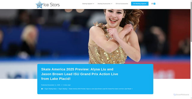 Security scan screenshot of https://icestars.ca/news/figure-skating/skate-america-2025-preview-alysa-liu-and-jason-brown-lead-isu-grand-prix/?srsltid=AfmBOopTpKGE9wOBOoa9sQmqmxYhA_Df0KXnS4g8LjYbIG-NFTzbT_ED