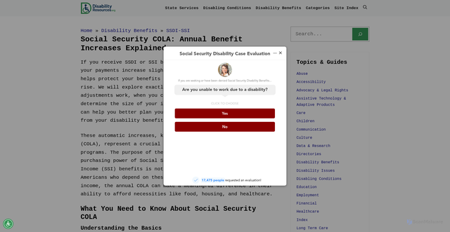Security scan screenshot of https://www.disabilityresources.org/social-security-cola-annual-benefit-increases-explained.html