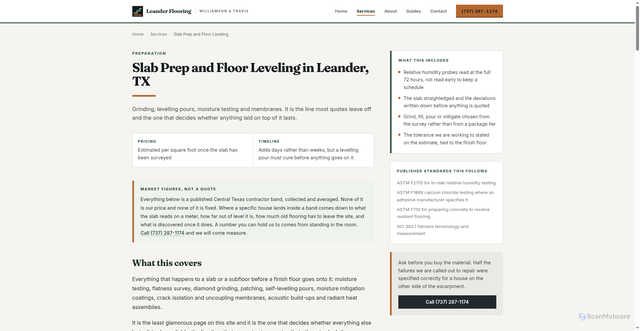 Security scan screenshot of http://leanderflooring.com/services/slab-prep-and-floor-leveling/