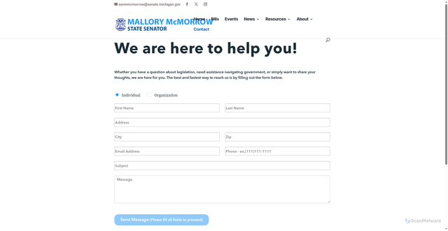 Security scan screenshot of https://senatedems.com/mcmorrow/contact/