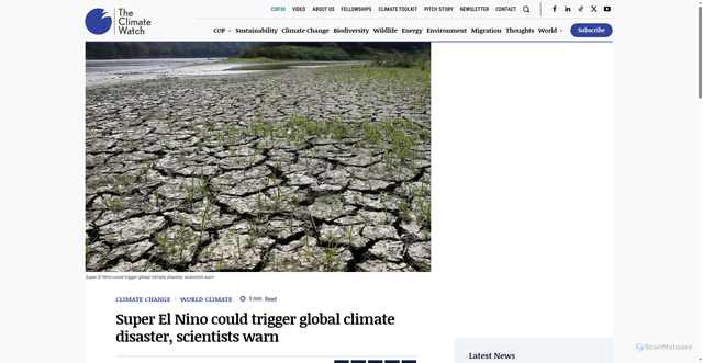 Security scan screenshot of https://theclimatewatch.com/super-el-nino-could-trigger-global-climate-disaster-scientists-warn/
