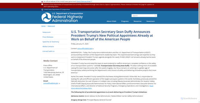 Security scan screenshot of https://highways.dot.gov/newsroom/us-transportation-secretary-sean-duffy-announces-president-trumps-new-political-appointees