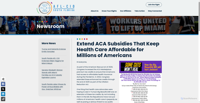 Security scan screenshot of https://sofloaflcio.org/news/action-alert-extend-aca-healthcare-subsidies/