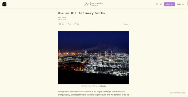 Security scan screenshot of https://www.construction-physics.com/p/how-an-oil-refinery-works