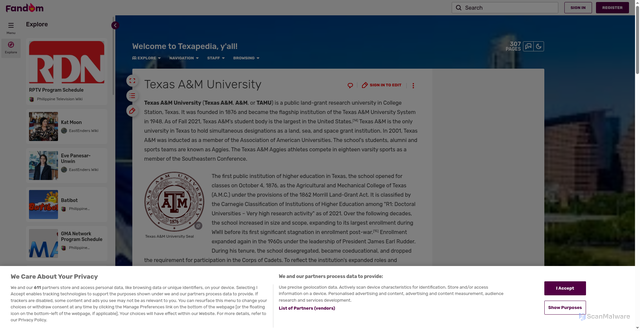 Security scan screenshot of https://texan.fandom.com/wiki/Texas_A%26M_University
