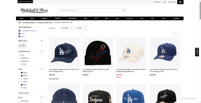 Security scan screenshot of https://www.mitchellandness.com/en/mlb/los-angeles-dodgers/men-hats/o-1287+t-25004311+ga-01+d-2044449+z-9-905178127