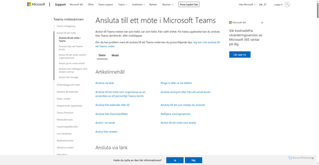 Security scan screenshot of https://support.microsoft.com/sv-se/office/ansluta-till-ett-m%C3%B6te-i-microsoft-teams-1613bb53-f3fa-431e-85a9-d6a91e3468c9?omkt=sv-SE