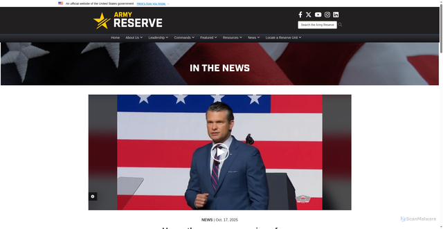 Security scan screenshot of https://www.usar.army.mil/News/News-Display/Article/4324195/hegseth-announces-series-of-war-department-reforms-in-sweeping-speech-to-top-mi/