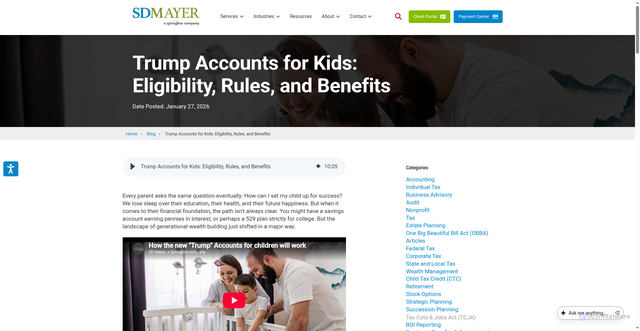 Security scan screenshot of https://www.sdmayer.com/resources/trump-accounts-for-kids-eligibility-rules-and-benefits