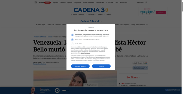 Security scan screenshot of https://www.cadena3.com/noticia/cadena-3-mundo/venezuela-la-esposa-del-futbolista-hector-bello-murio-al-proteger-a-su-bebe_567016
