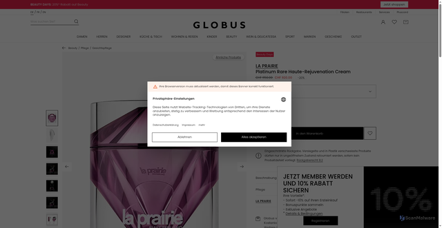 Security scan screenshot of https://www.globus.ch/la-prairie-platinum-rare-haute-rejuvenation-cream-bp12856303000000?groesse=30ml&sc_src=email_4209360&sc_lid=289226892&sc_uid=zP3R20i424&sc_llid=122386&sc_customer=0327f37c9208167d9b0b5fb90d68e28589aef0066bddedd98d9d5328a5adbcbc&utm_source=newsletter_de&utm_medium=email&utm_campaign=20260830_prom_beautydays_lastday_wkz-charlotte-tilbury_DE_4209360&guid=0327f37c9208167d9b0b5fb90d68e28589aef0066bddedd98d9d5328a5adbcbc&utm_content=