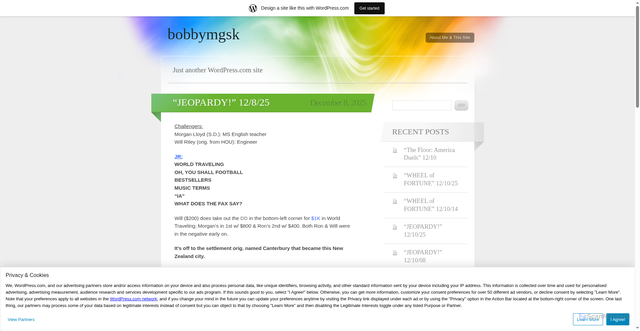 Security scan screenshot of https://bobbymgsk.wordpress.com/2025/12/08/jeopardy-12-8-25/