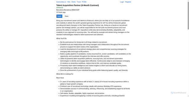 Security scan screenshot of https://gamejobs.co/Talent-Acquisition-Partner-6-Month-Contract-at-Aristocrat