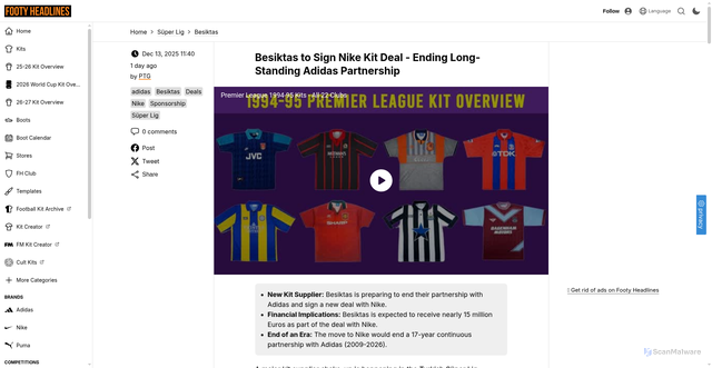 Security scan screenshot of https://www.footyheadlines.com/2025/12/besiktas-nike.html