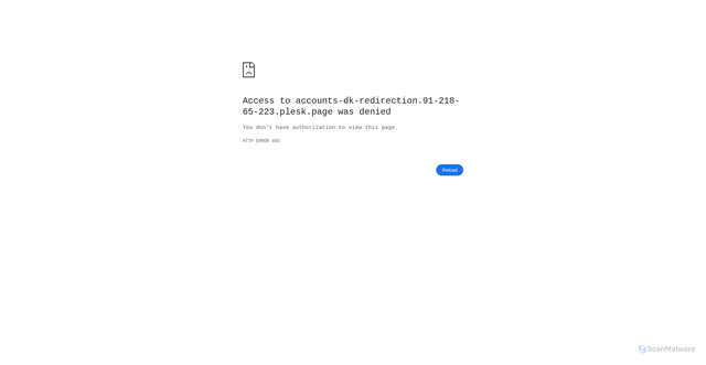 Security scan screenshot of accounts-dk-redirection.91-218-65-223.plesk.page