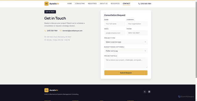 Security scan screenshot of https://auralisairsystems.com/contact.html