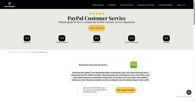 Security scan screenshot of https://bankopedia.org/digital-wallets/paypal/paypal-customer-service