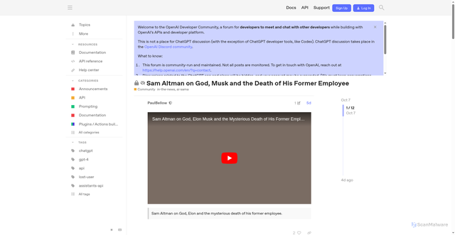 Security scan screenshot of https://community.openai.com/t/sam-altman-on-god-musk-and-the-death-of-his-former-employee/1361433