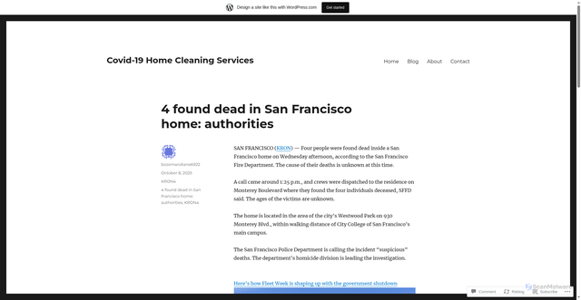 Security scan screenshot of https://covid19homecleaningservices.wordpress.com/2025/10/08/4-found-dead-in-san-francisco-home-authorities/