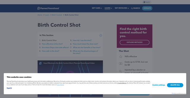 Security scan screenshot of https://www.plannedparenthood.org/learn/birth-control/birth-control-shot