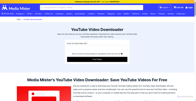 Security scan screenshot of https://www.mediamister.com/free-youtube-video-downloader