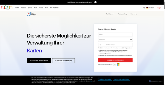 Security scan screenshot of https://vault.zoho.com