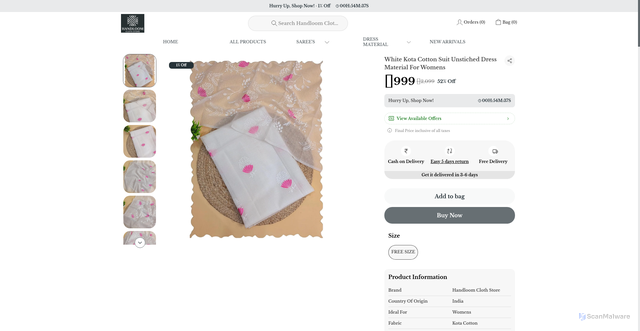 Security scan screenshot of https://handloomclothstore.com/White-Kota-Cotton-Suit-Unstiched-Dress-Material-For-Womens/catalogue/IBJz4SLz/v0yKEjmV
