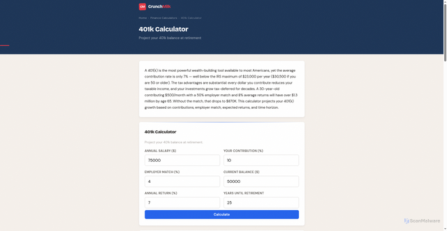 Security scan screenshot of https://crunchmilk.pages.dev/401k-calculator/