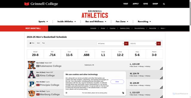 Security scan screenshot of https://pioneers.grinnell.edu/sports/mens-basketball/schedule/2024-25