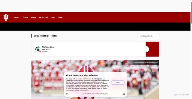 Security scan screenshot of https://iuhoosiers.com/sports/football/roster/alberto-mendoza/19995