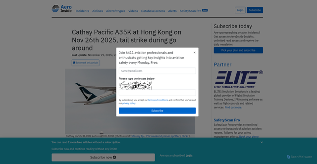 Security scan screenshot of https://www.aeroinside.com/21342/cathay-pacific-a35k-at-hong-kong-on-nov-26th-2025-tail-strike-during-go-around